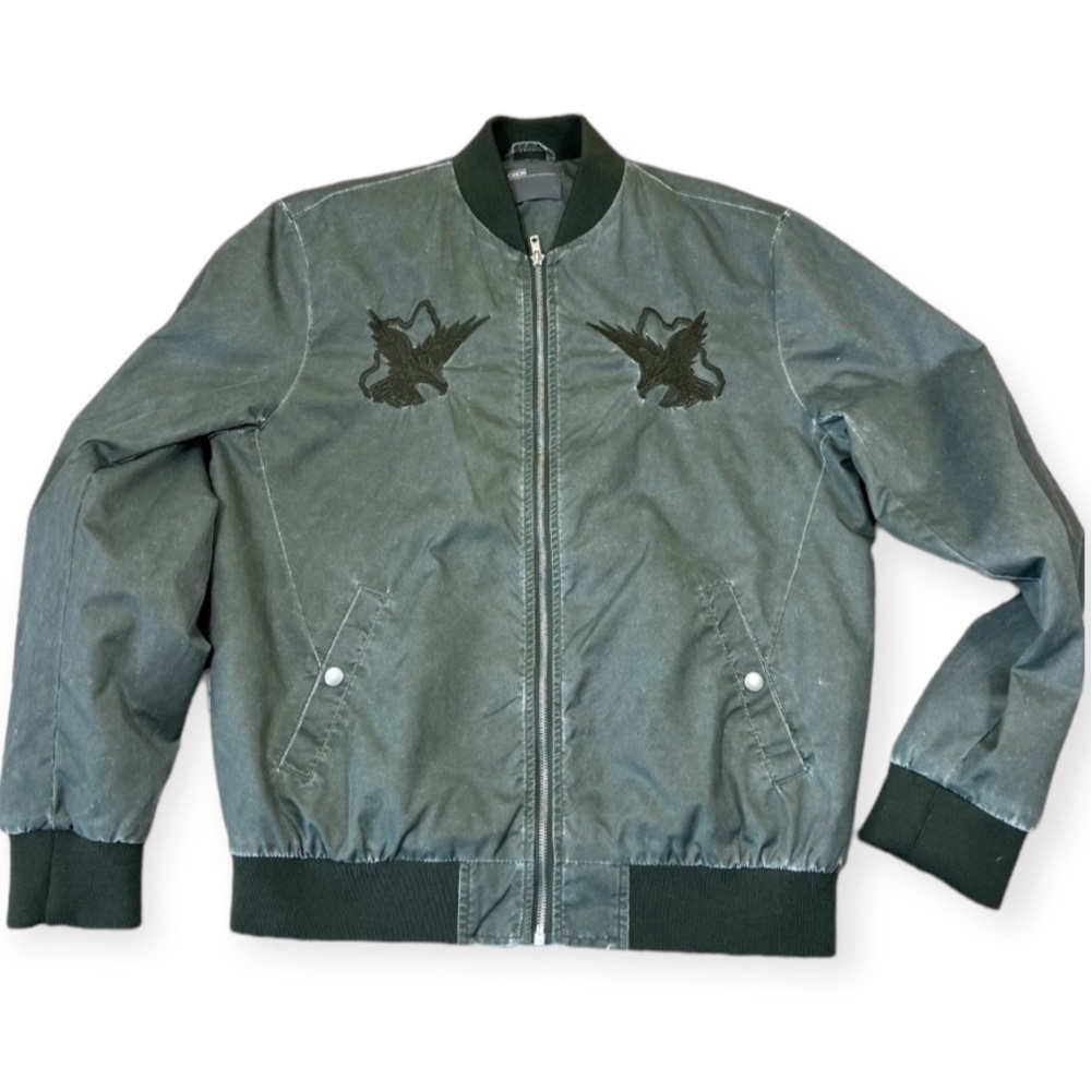 ASOS Sukajan Embroidered Nylon Bomber Jacket Birds Distressed M Green